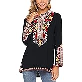 Grosy Boho Embroidered Long Sleeve Tunics Shirts for Women Mexican Peasant Blouses Ethnic Bohemian Floral Tunic Tops