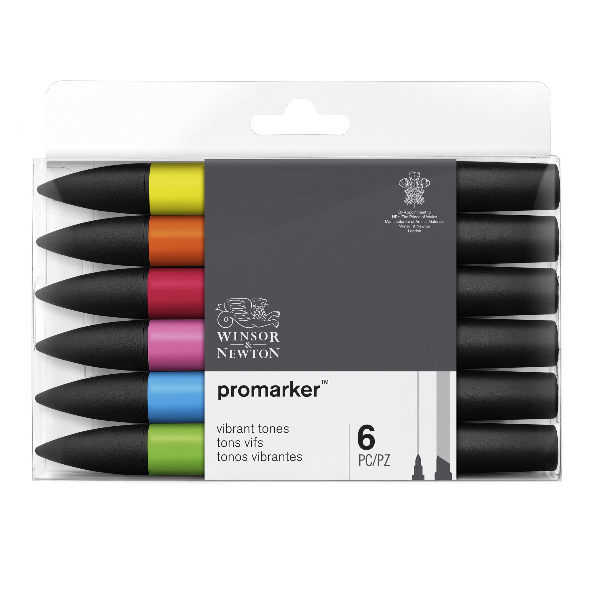 Winsor & Newton, Promarker, Vibrant Tones, Set of 6, Alcohol Based Dual Tip Markers