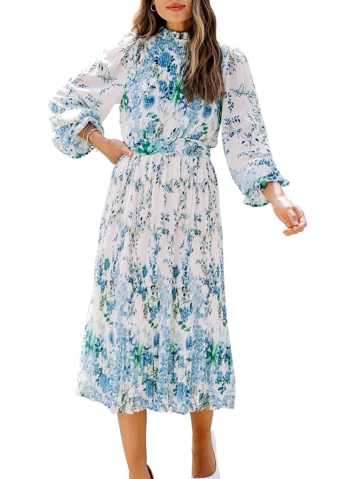 ANRABESS Women's Floral Midi Dress - Puff Long Sleeve, Chiffon A-Line With Belt, Tea Party & Casual Wear - View #3