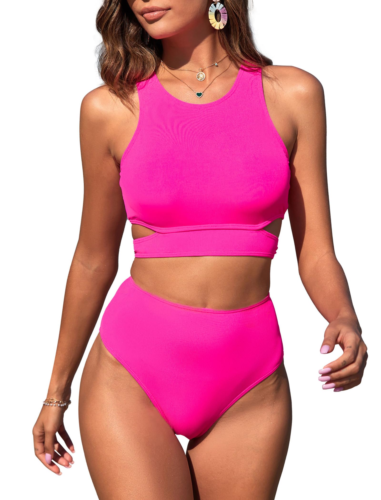 Photo 1 of ZAFUL Women Swimsuit Bikini Set Two Piece Ribbed Texture Side Cutout Tank Top Mid Rise Bathing Suit Hot Pink L