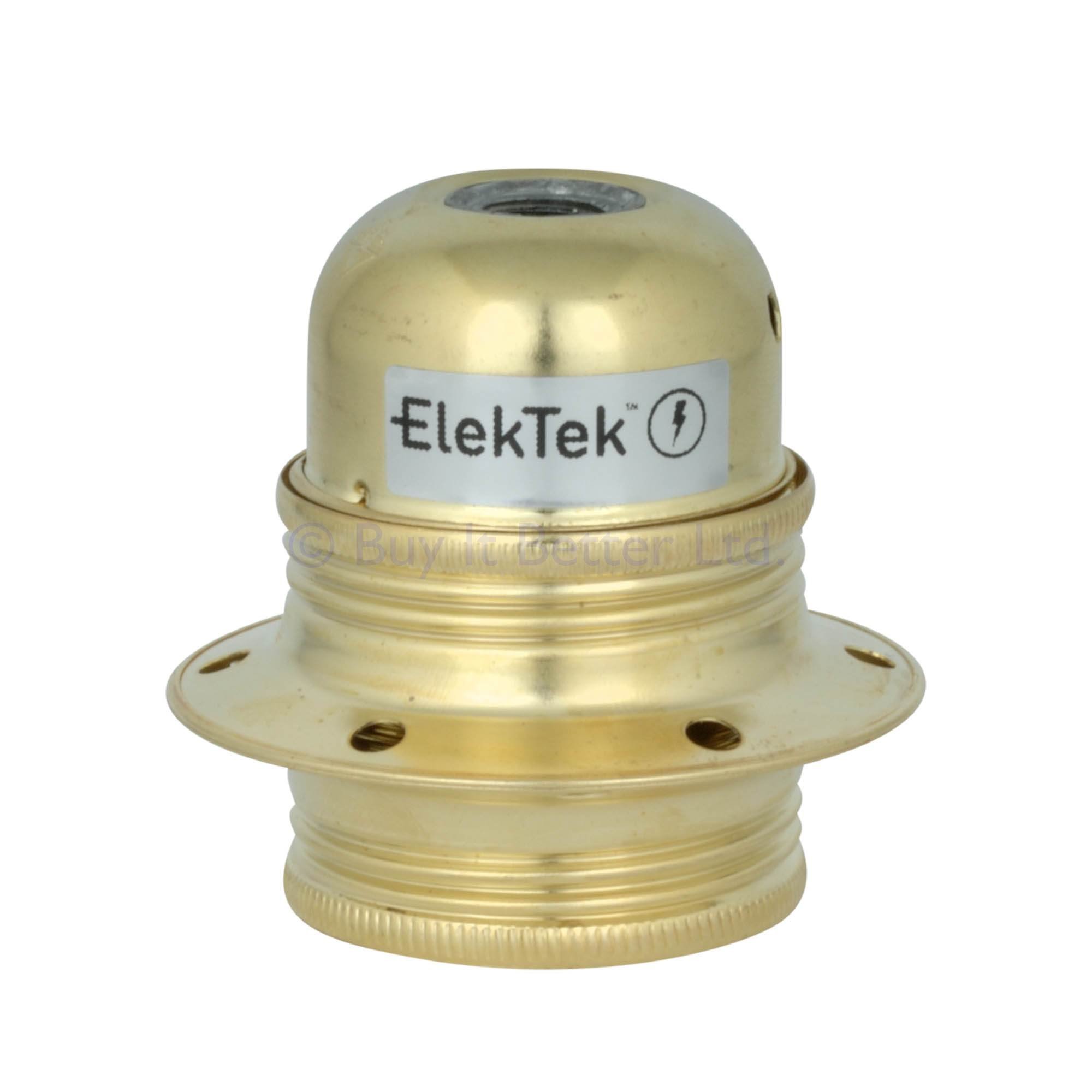 ElekTek E27 Lamp Bulb Holder 10mm Entry Edison Screw Earthed With Shade Rings & Cord Grip Brass