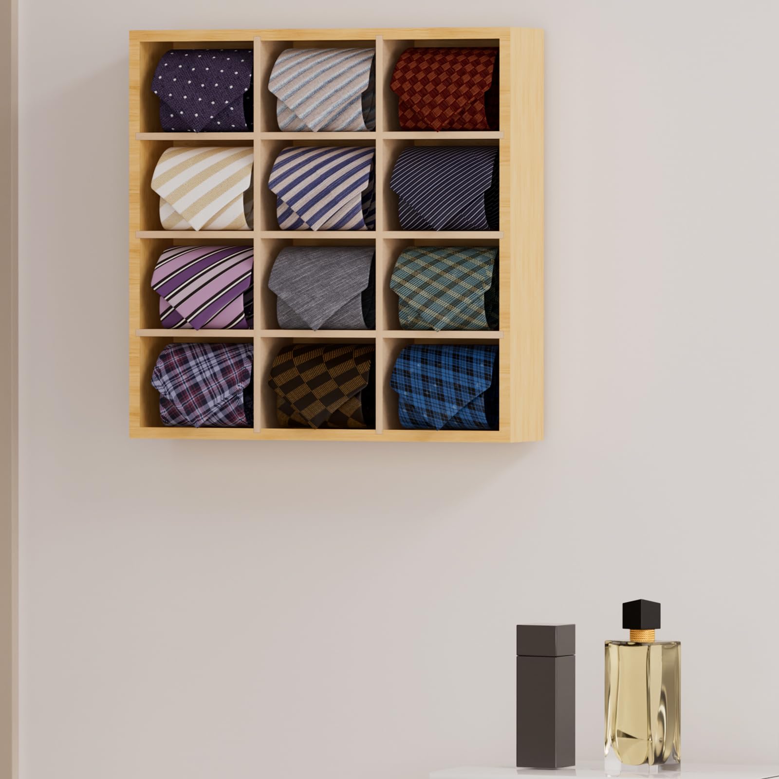 B4Life Tie Rack Wall Mounted Tie Box,Tie Organizer Tie Display Racks for Wall, Bamboo Tie Storage Tie Organizer for Men Tie Holder Wall Mount(Storage 16 Ties) (Wood Color 12 Grids)