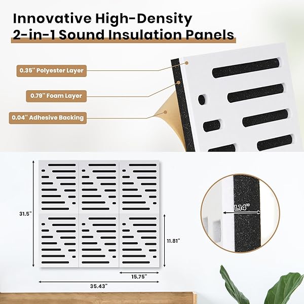 6-PACK SELF-ADHESIVE SOUND PROOF FOAM PANELS FOR WALL, 12 X 16 INCH DUAL LAYER ACOUSTIC PANELS WITH POLYESTER & FOAM FOR RECORDING STUDIO HOME THEATER OFFICE