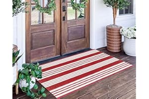 BUAGETUP Red and White Striped Rug 24'' x 51''Outdoor Front Porch Rug Hand-Woven Machine Washable Indoor/Outdoor Layered Door Mats for Entryway/Bedroom/Outdoor