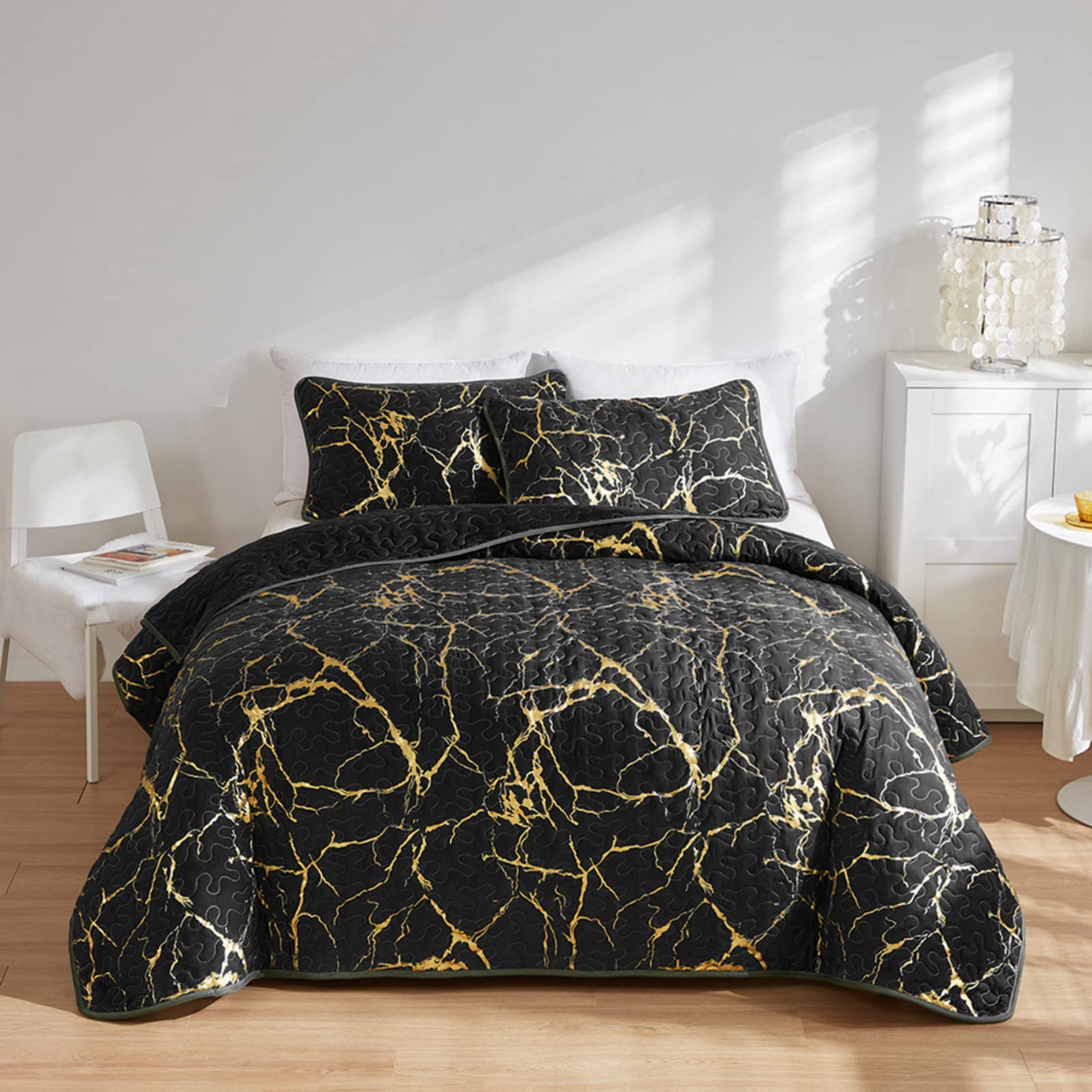 HAVOP Bedspread Double Size Black Quilted Bedspreads Gold Marble Printed Luxury Soft Microfiber Lightweight Bedspreads Coverlet Set All Season Bedding Set — image 1