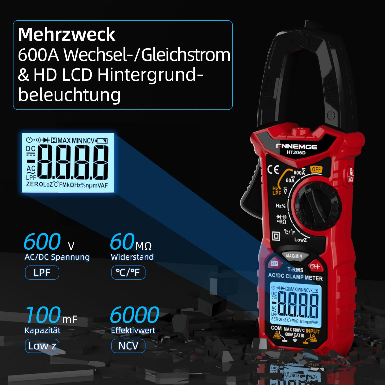 FNNEMGE HT206D Stromzange，Strommessgerät DC/AC Strom: 0-600A，Multimeter True-RMS 6000 Counts Auto-Ranging，misst Spannung Kapazität Durchgang (AC/DC-Strom) 2