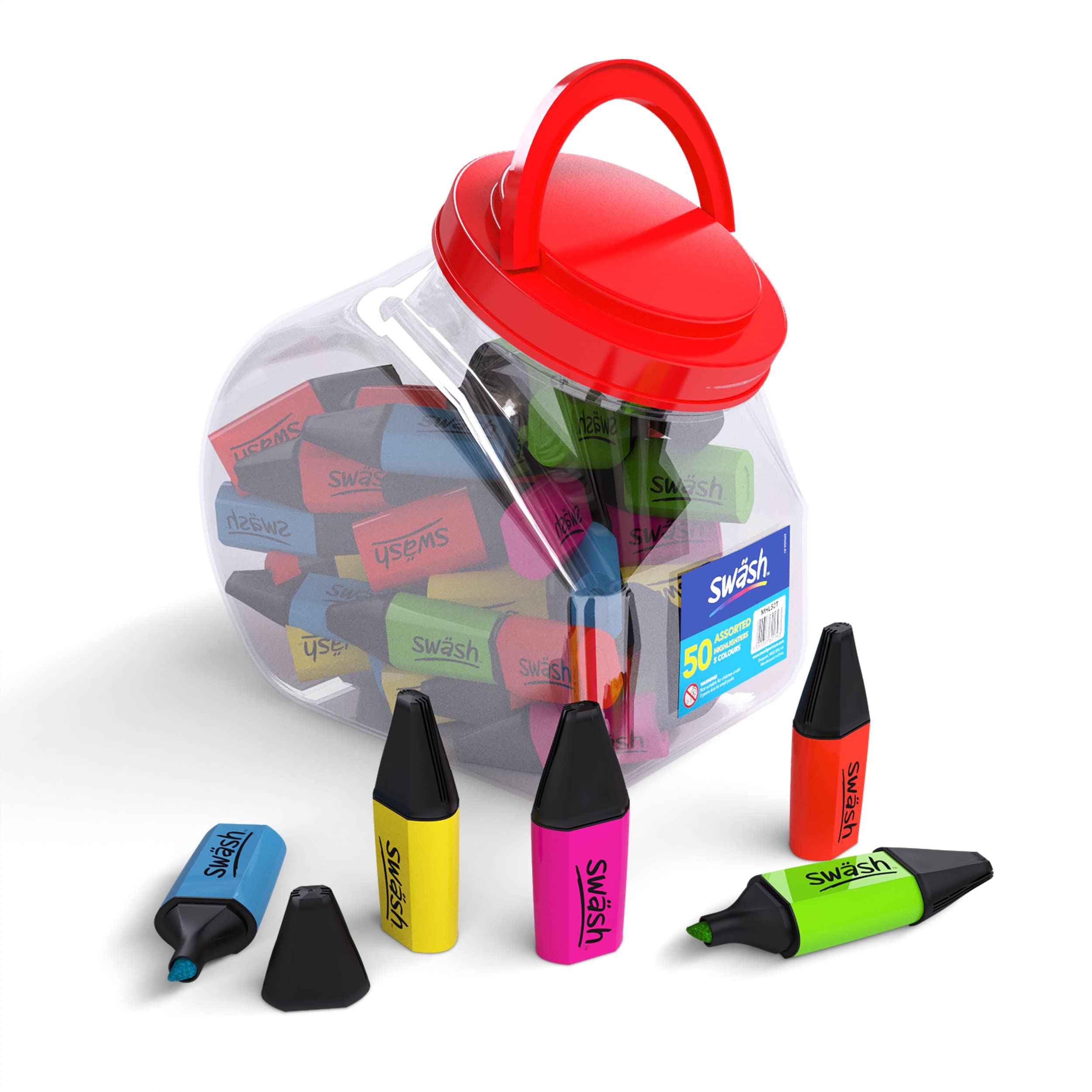 SHOW-ME Swash Mini Highlighters Tub – 5 Assorted Colours - Set of 50 - MHL50T