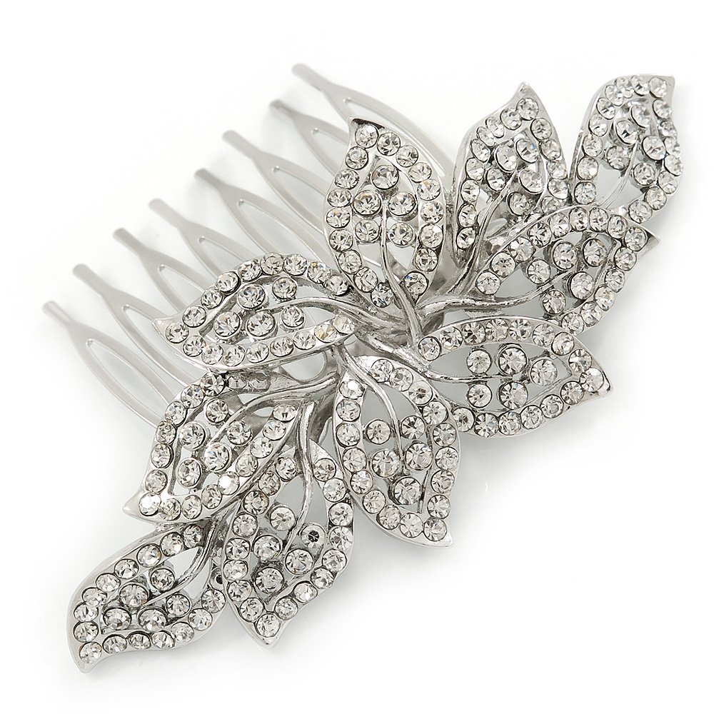 Bridal/Prom/Wedding/Party Rhodium Plated Clear Austrian Crystal Leaf Side Hair Comb - 9cm W