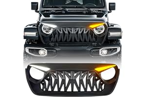 Allinoneparts Front Shark Grille Compatible with 2018-2025 Jeep Wrangler JL JLU Gladiator JT, w/DRL Turn Signal Lights, Matte Black