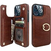 ONETOP for iPhone 13 Pro Max Wallet Case with Card Holder, 360° Rotation Ring Kickstand RFID Blocking PU Leather Double Magnetic Clasp Shockproof Cover for Women and Girls 6.7 Inch (Brown)