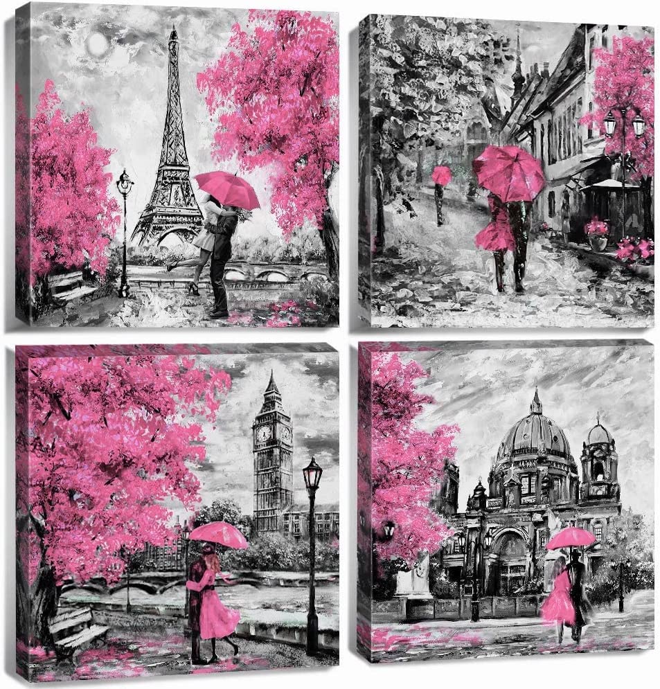 4 Panel Pink Wall Art Abstract Romance Couple Pictures for Bedroom Walls Watercolor Cherry Blossom Tree Wall Painting Modern Black and White City Poster Canvas Prints Artwork Home Decoration 30x30cm