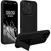 kwmobile Case Compatible with Apple iPhone 16 Pro Max - Case with Hand Strap and Stand Soft TPU Silicone Coating - Black