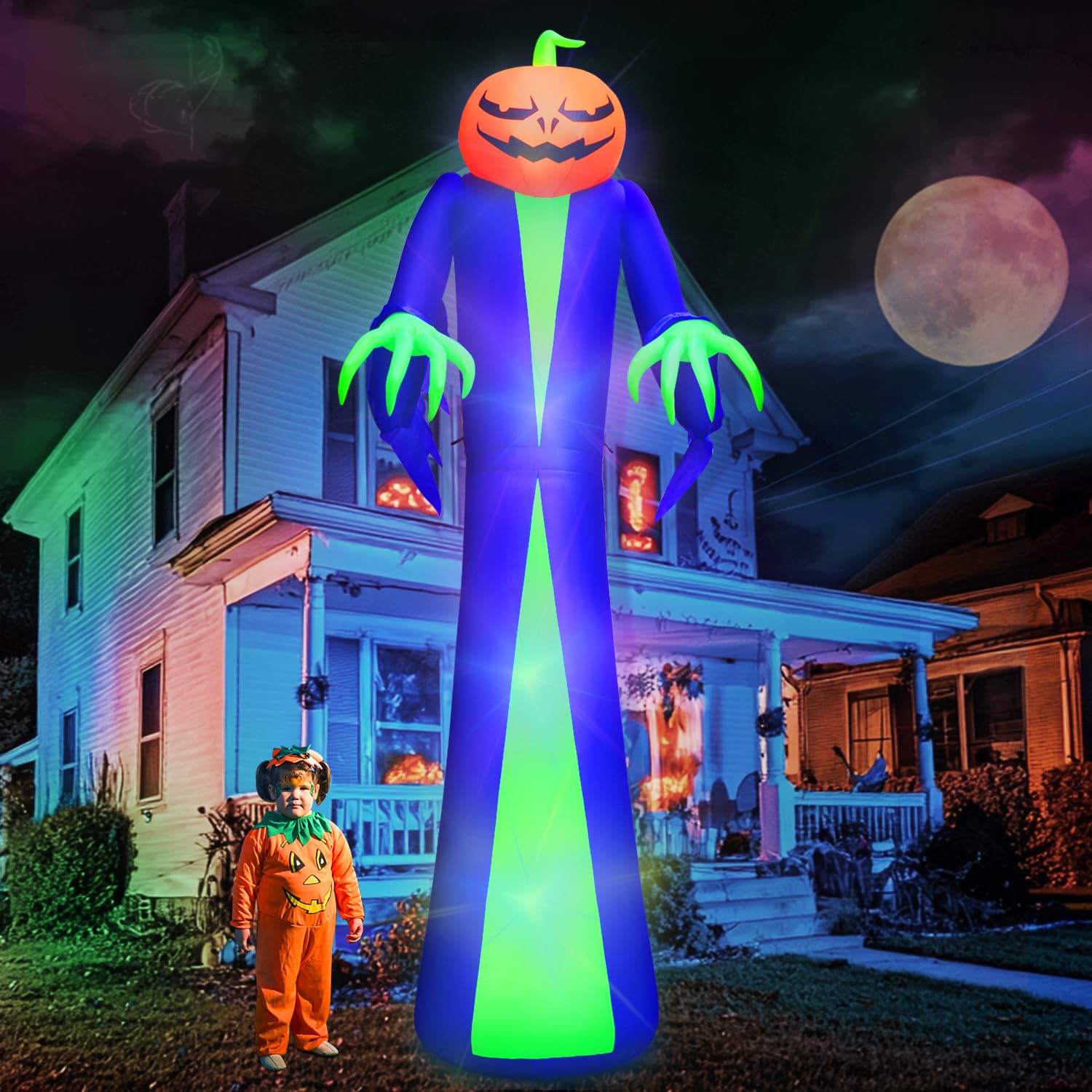 Photo 1 of 12Ft Giant Halloween Inflatables Pumpkin Blow Up Yard Decoration Built in LED Lights Halloween Decorations Outdoor Pumpkin Head Inflatable Decor for Lawn Garden Party Sandbags Stakes