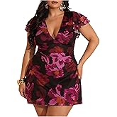 BEAUDRM Women's Plus Size Cocktail Floral Short Dress Deep V Ruffle Short Sleeve Bodycon Mesh Wedding Guest Party Dresses