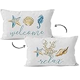 HIWX Coastal Throw Pillows,Coastal Pillow Covers,Nautical Beach Decorative Throw Pillow Cover,Nautical Pillows,Nautical Beach House Bed Room Decor 12 x 20 Inch Reversible Pillowcase（White-2）