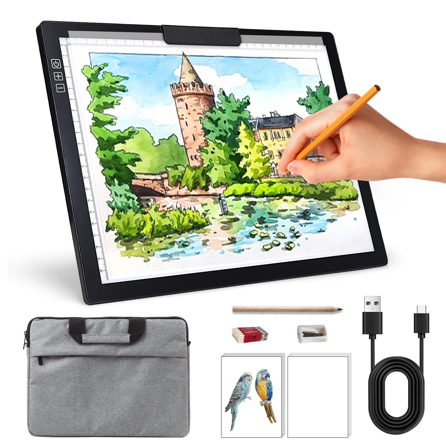 Rechargeable A4 Light Box with Padded Case,led Light pad with Built-in Stand & Clip,6 Levels of Brightness lightbox for tracing,Diamond Painting.Light Table for Artists,Drawing,Sketching,Animation