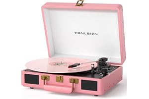 TANLANIN Vinyl Record Player Bluetooth, 3-Speed Turntable Vinyl Player, Portable Suitcase Record Players with USB/TF Recording & Playback, Built-in Speakers, Belt Drive, AUX/RCA/Headphone Jack, Pink