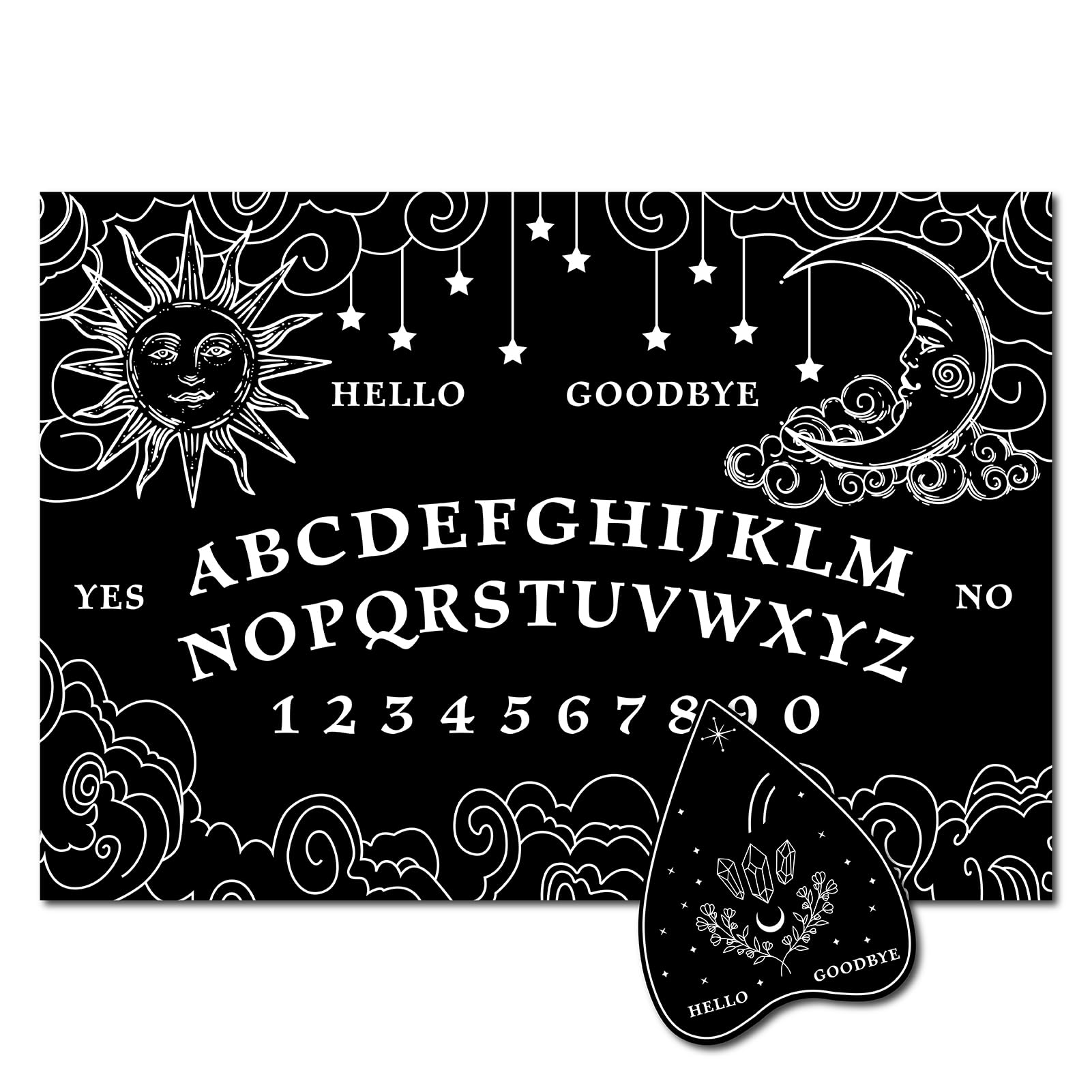 CREATCABIN Black Wood Spirit Talking Board with Sun Stars Rectangle Wooden Pendulum Dowsing Divination Board with Planchette Spirit Hunt Metaphysical Message Supplies Kit for Wicca 11.8X8.3 Inch