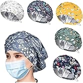 6PCS Bouffant Scrub Caps Women, Satin Lined Scrub Caps Women, Adjustable Surgical Cap for Womens, Nurse Cap with Button and Sweatband, Unisex Scrub Hats, One Size Multi Color