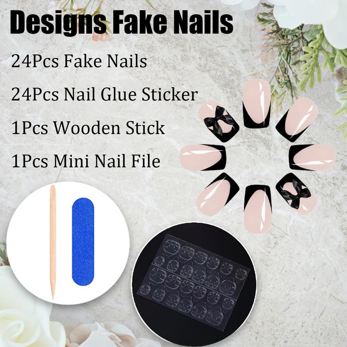 24pcs Black French Tip Press on Nails Medium Square Fake Nails with Design and Black Bow - Glue on Nails Full Cover Glossy False Nails Tips for Women - Image 5
