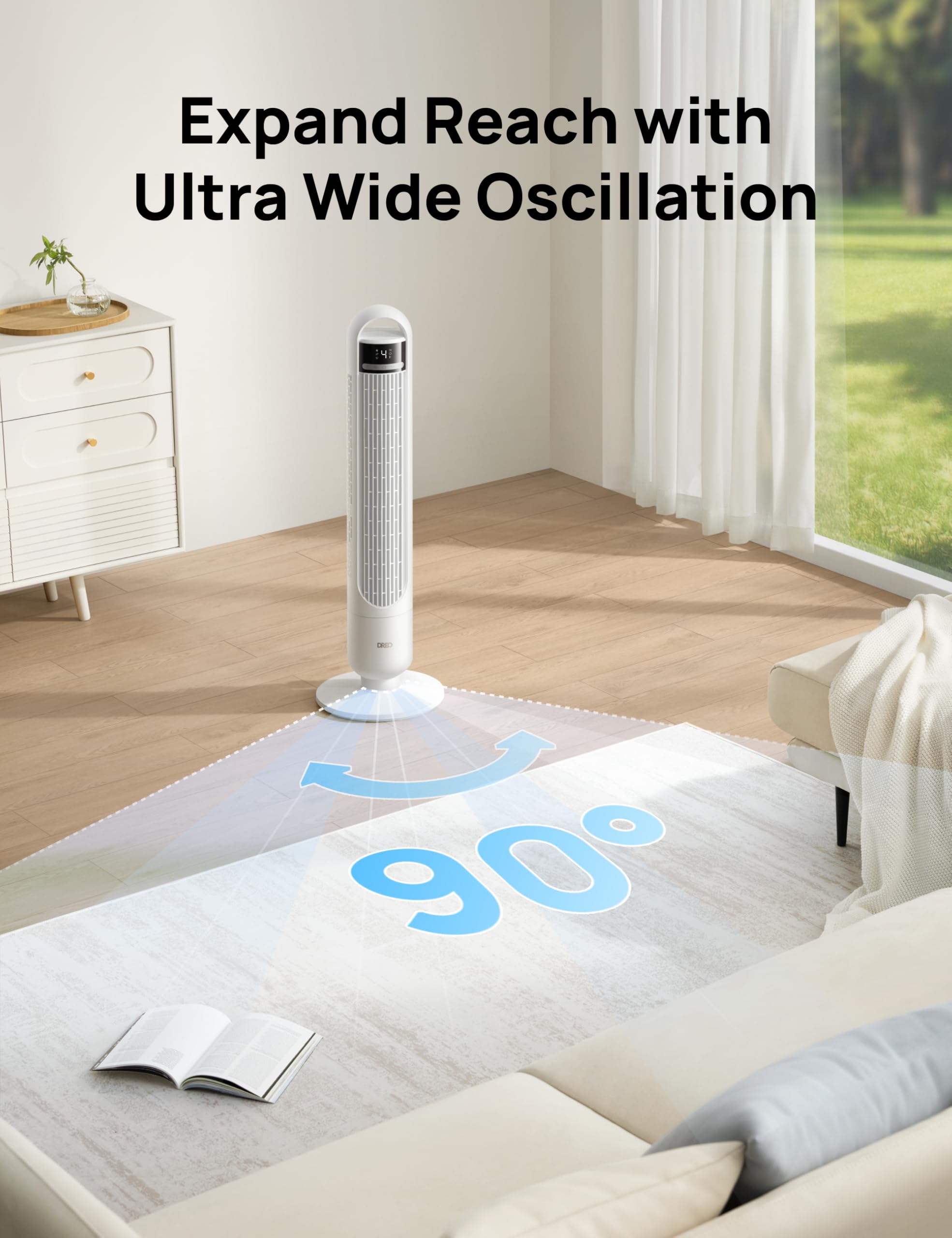 Dreo Tower Fan for Bedroom, 90° Oscillating Fan, Standing Fan with 3 Modes, 4 Speeds, 8H Timer Cooling Fans for Home, Living Room, Office, White, TF117