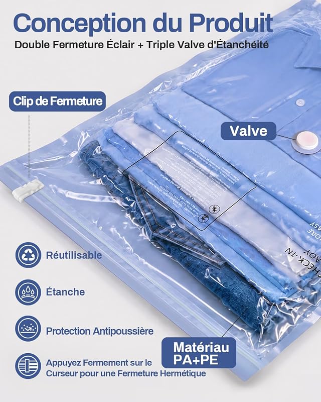 Sac sous Vide Vetement Aspirateur avec Pompe Électrique, 8 Sac de Rangement sous Vide (4 * 100x80cm, 4 * 74x54cm), Sac sous Vide Voyage, Déménagement, Rangement