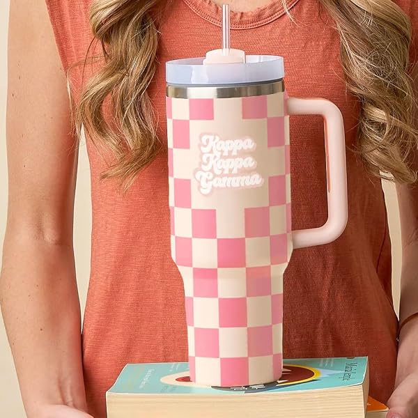 THE DARLING EFFECT PI BETA PHI 40OZ TUMBLER WITH HANDLE & 4 MATCHING STRAWS – PINK CHECKERED STAINLESS STEEL TRAVEL CUP WITH LID – SORORITY GIFT FOR SISTERS
