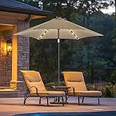 wikiwiki 7.5ft Solar Led Patio Umbrella, Sturdy Outdoor Market Umbrella for Deck, Pool, Garden w/Tilt, Crank, 18 LED Lights, Tan