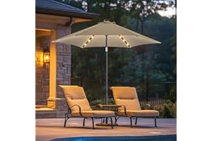 wikiwiki 7.5ft Solar Led Patio Umbrella, Sturdy Outdoor Market Umbrella for Deck, Pool, Garden w/Tilt, Crank, 18 LED Lights, Tan