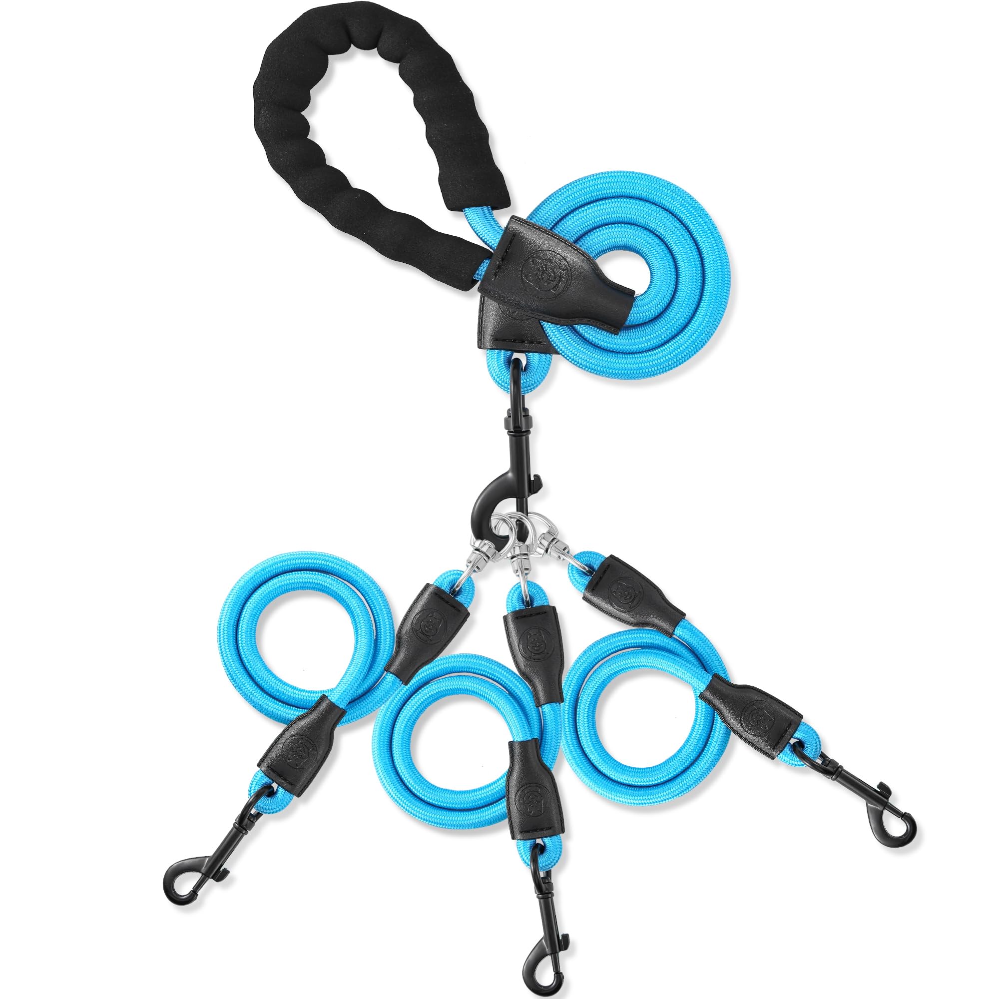 Mengbei tribe Heavy Duty Three Dog Leash, 360° Swivel, No Tangle, Padded Handle, Blue, L/30-135 lbs