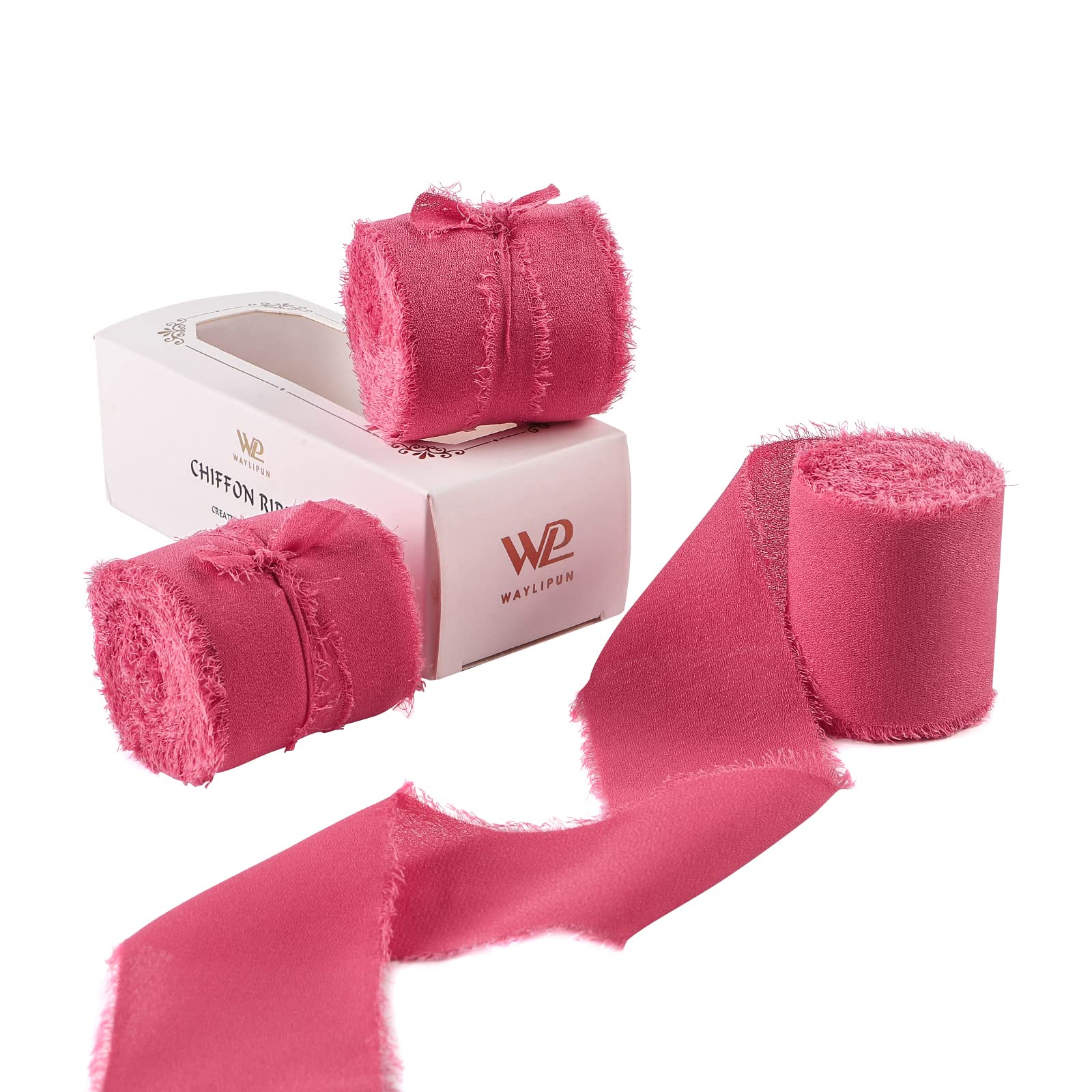 Waylipun Handmade Fringe Chiffon Ribbons, 3 Rolls 2" x 7Yd Total 21Yd Frayed Edge Fringe Smooth Ribbon for Wedding Invitations, Bridal Bouquets, Gifts Wrapping, DIY Crafts Decoration - Rose Pink