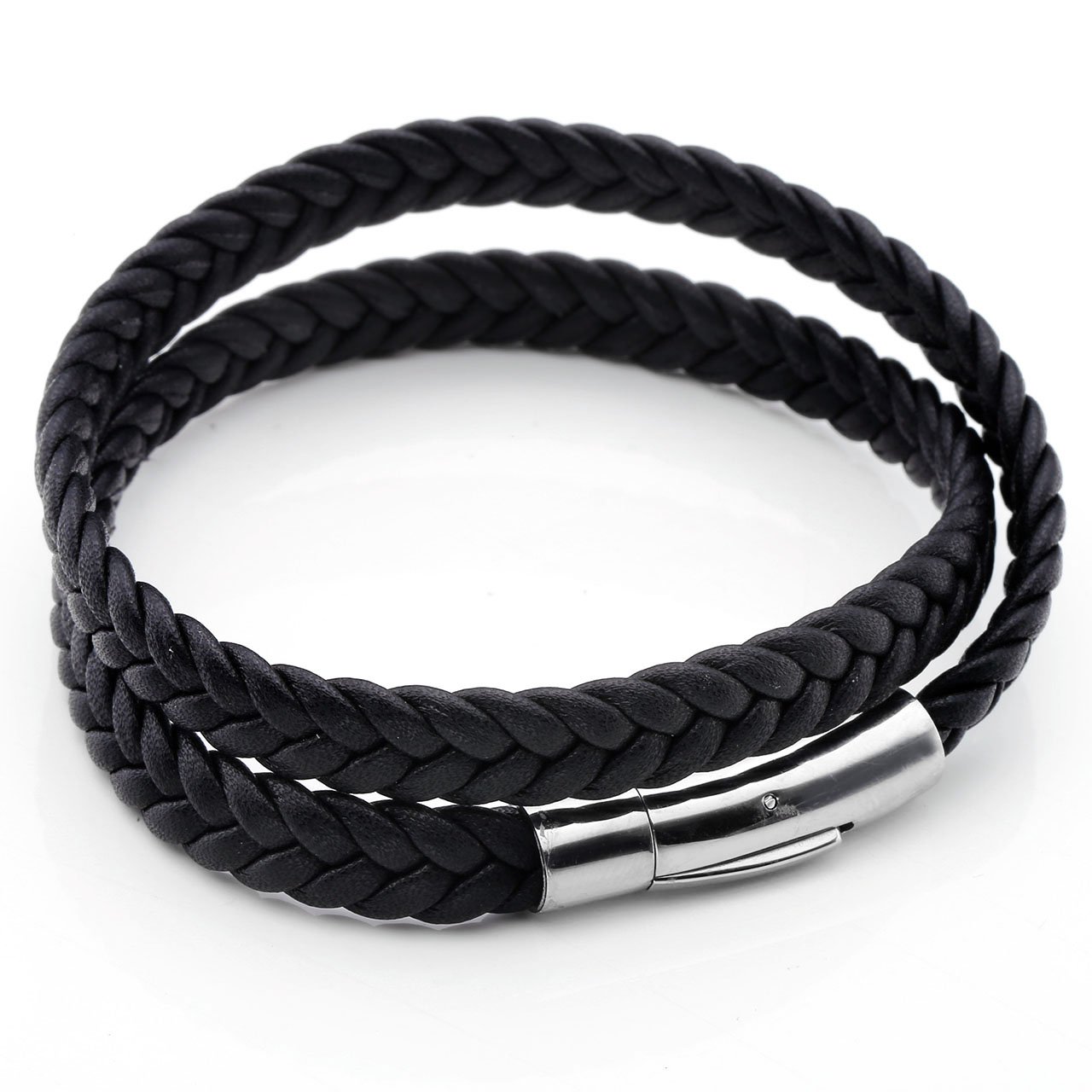 PiercingJ Bijoux Bracelet Leather Cuir Veritable 2 Wraps Circonferences Tressé Large Lien Poignet Chaîne de Main avec Fermoir en Acier Inoxydable Biker Femme Homme