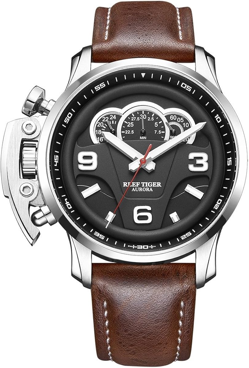 Reef Tiger RGA2105 Men Multifunction Sport Racing Dashboard Fashion Waterproof Quartz Wrist Watch with Leather Watchband
