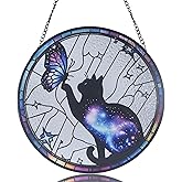 Stained Glass Sun Catcher,Cat and Butterfly Glass Window Hanging Garden Decor,Sun Catchers Indoor Window,Whimsical Decoration for Home Backyard Patio Lawn Porch with 6.3 INCH