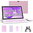 YQSAVIOR Android 14, 2 in 1 Tablet 10 inch with Keyboard, 8GB+64GB+1TB, Quad Core, 1280 * 800 HD Screen, Dual Camera, Wi-Fi, BT with Case Mouse Stylus, Pink