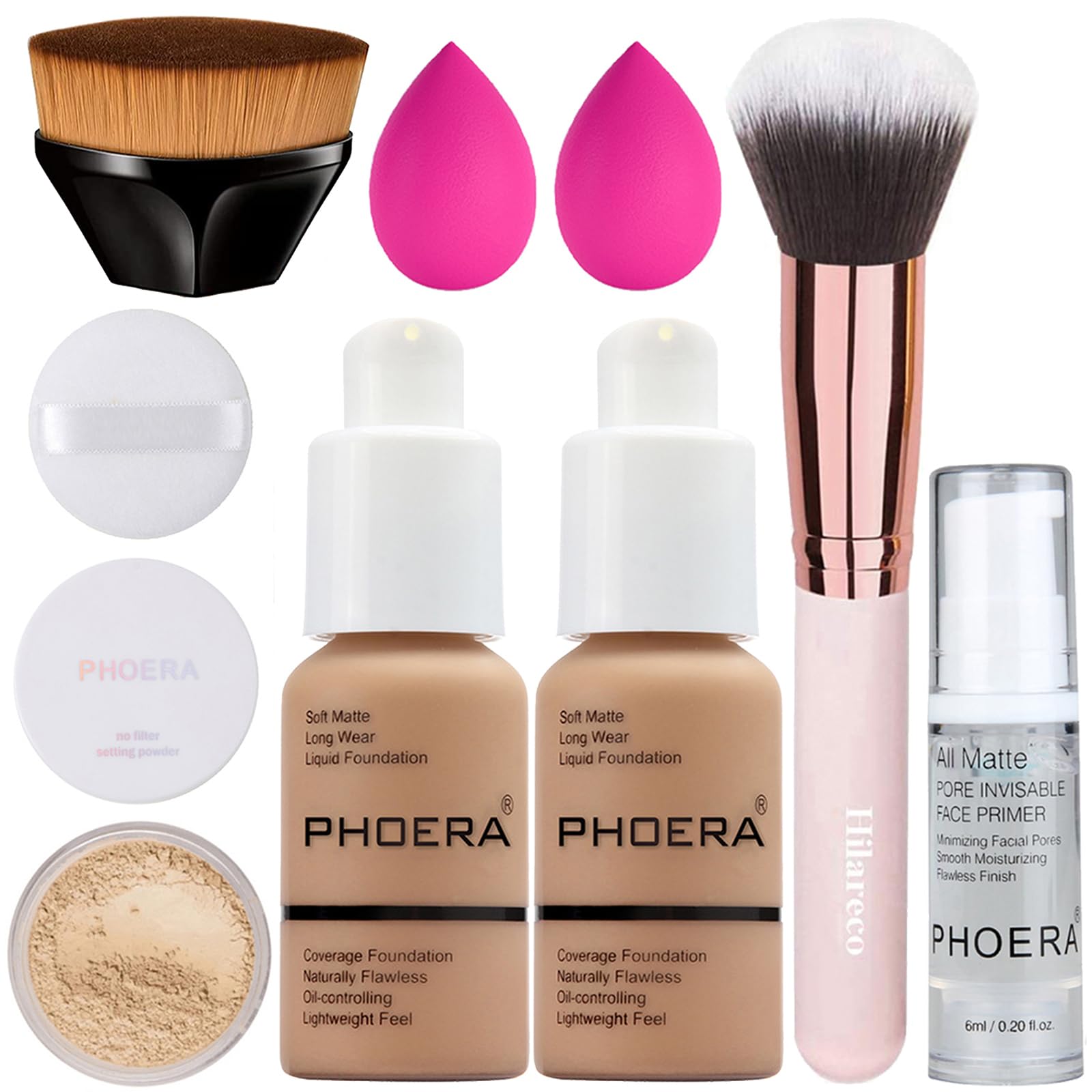 PHOERA Makeup Set - Full Coverage Foundation, Kabuki Brushes, Powder, Primer, 2 Pcs Makeup Sponge (2 PCS#105 Sand)