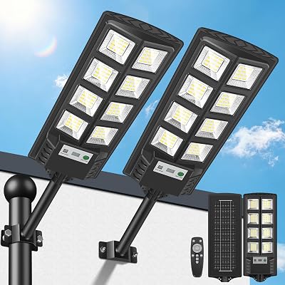 Farolas Solares Exteriores, 600W Potente Luz Solare Exterior con Sensor de Movimiento,Control Remoto, 6500K LED Focos Solares Exterior Impermeable Lampara Solar para Jardín Garaje, 2 Paquete