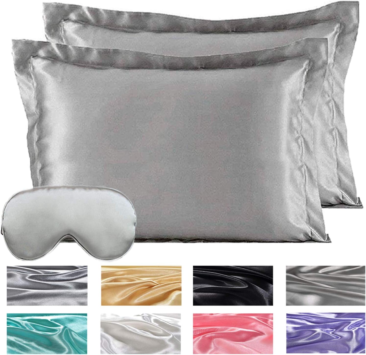 Uhat Pack 2 Soft Satin Pillowcases with Sleep Mask for Hair and Skin Silk Feeling Anti Wrinkle Facial Care Standard Size Pillow Cover 20 * 29inch/50 * 75cm (Grey B)
