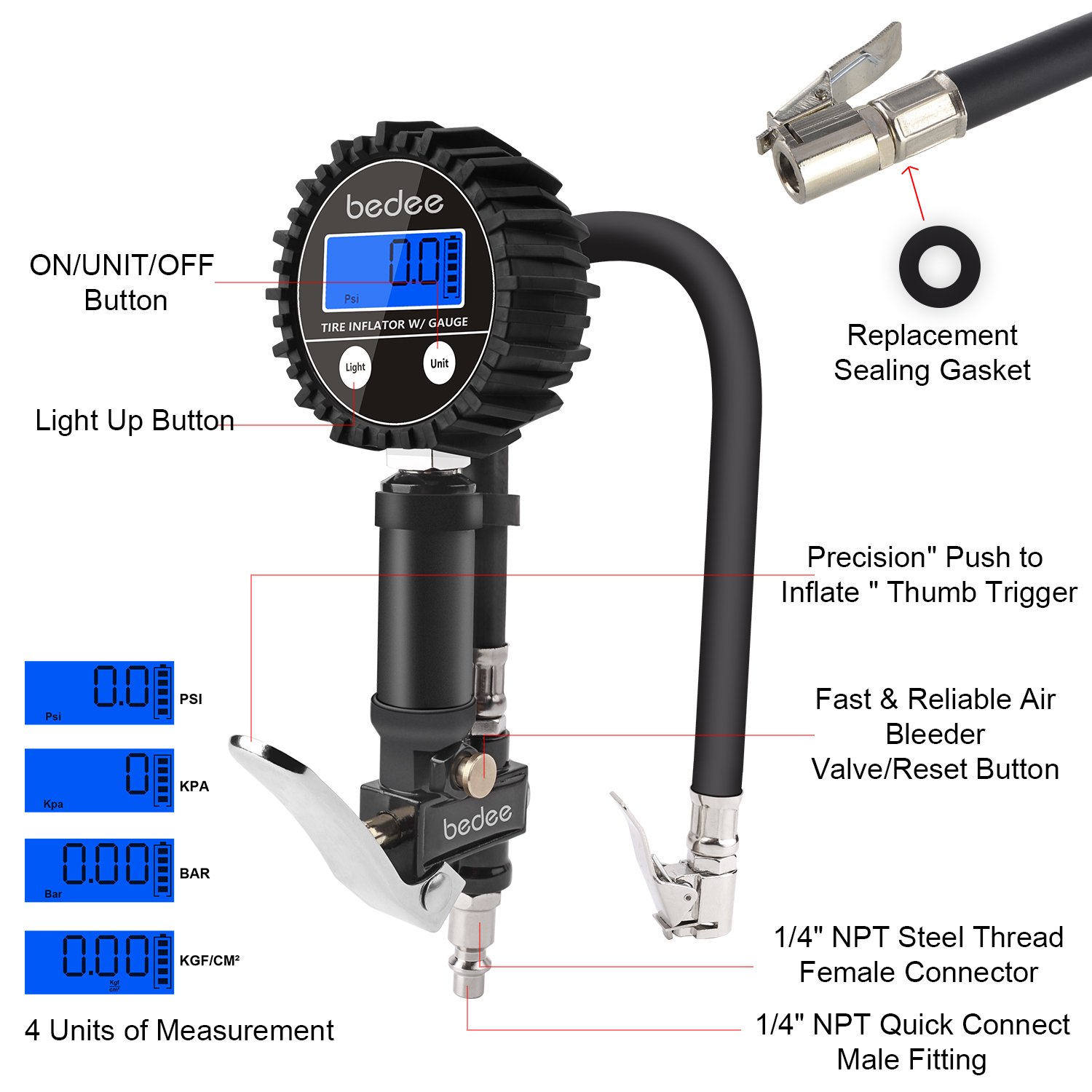 bedee Tyre Inflator, Tyre Pressure Gauge Tyre Pump with LED Light Blow Gun Pressure Gauge Electric Portable Air pump Tyre Inflator/Deflator 200 PSI High-Precision for Car Truck Van Motorcycle