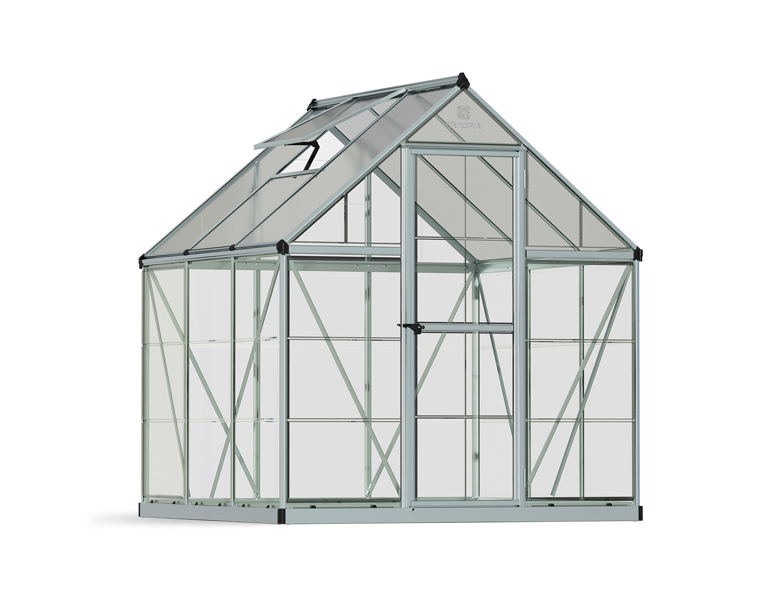 Palram – Canopia 6×6 Greenhouse for Outdoors, Walk-In, UV Polycarbonate Panels, Heavy Duty Aluminum Frame, Lockable Door, Adjustable Roof Vent, Rain Gutters, Galvanized Steel Base, Hybrid (Silver)