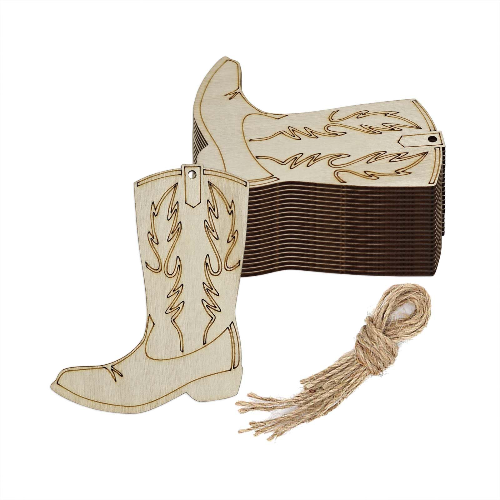 Photo 1 of 20pcs Cowboy Boots Wood DIY Crafts Cutouts Wooden Boots Shaped Hanging Ornaments with Jute Twines Wood Tags for Wedding Birthday Christmas Party Decorations