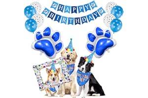 SUPERPAWS 14 PCS Dog Birthday Party Supplies - Dog Birthday Bandana Set - Birthday Boy Decorations for Multi Sizes Dogs Party Hat, Dog Birthday Banner with Photo Frame Balloons, Paws Balloons (BOY)