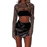 BEJONS Women Rhinestone Top Black Mesh Chain Fishnet Long Sleeve Outfit - Sparkly Crystal Rave Crop Shirt
