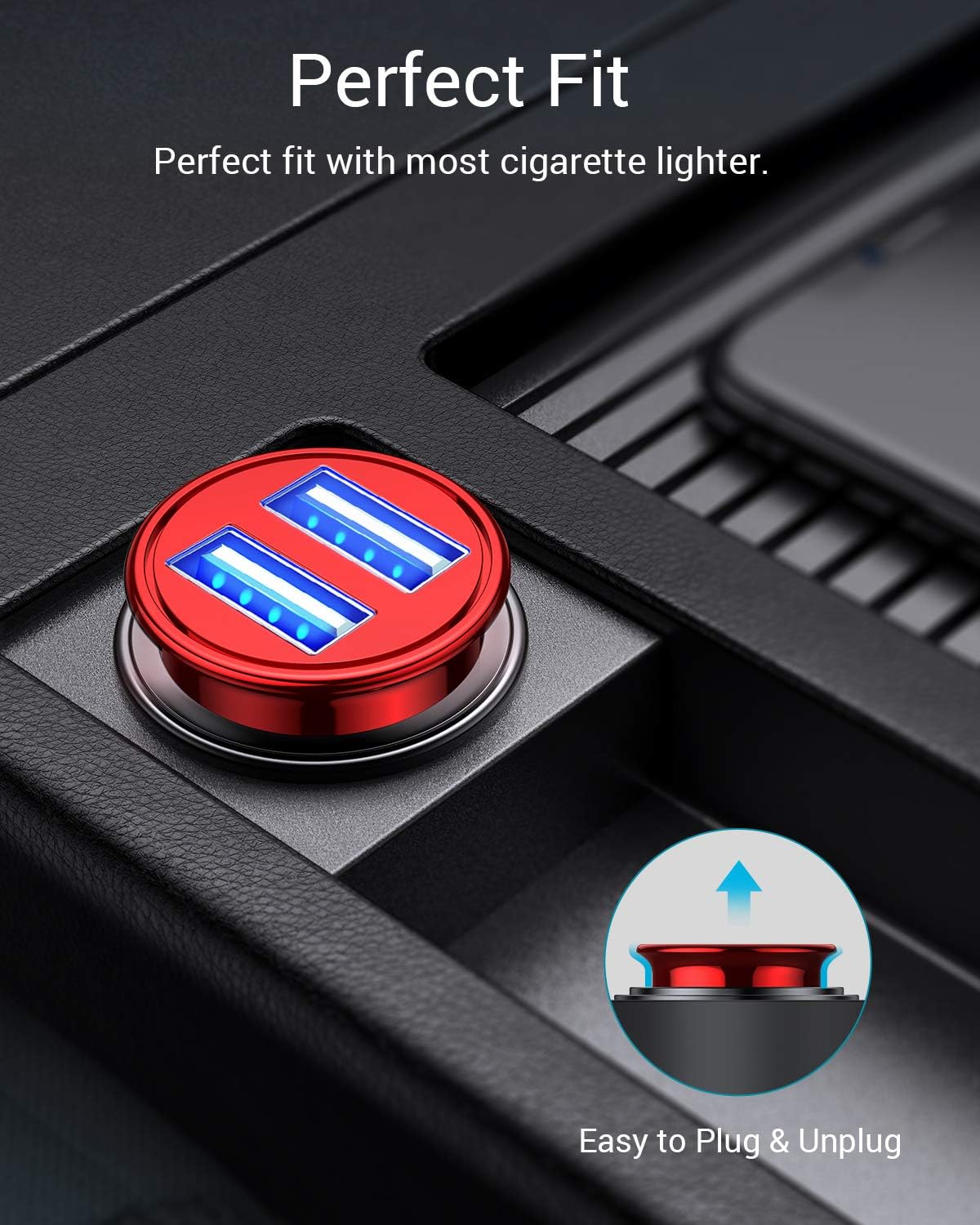 AINOPE Car Charger, 4.8A All Metal Car Charger Adapter Dual USB Port Fast Car Charging Mini Flush Fit Compatible with Xs max/XR/x/7/6s, Air 2/Mini 3, Note 9/Galaxy S10/S9/S8, Phone, Tablet-Red