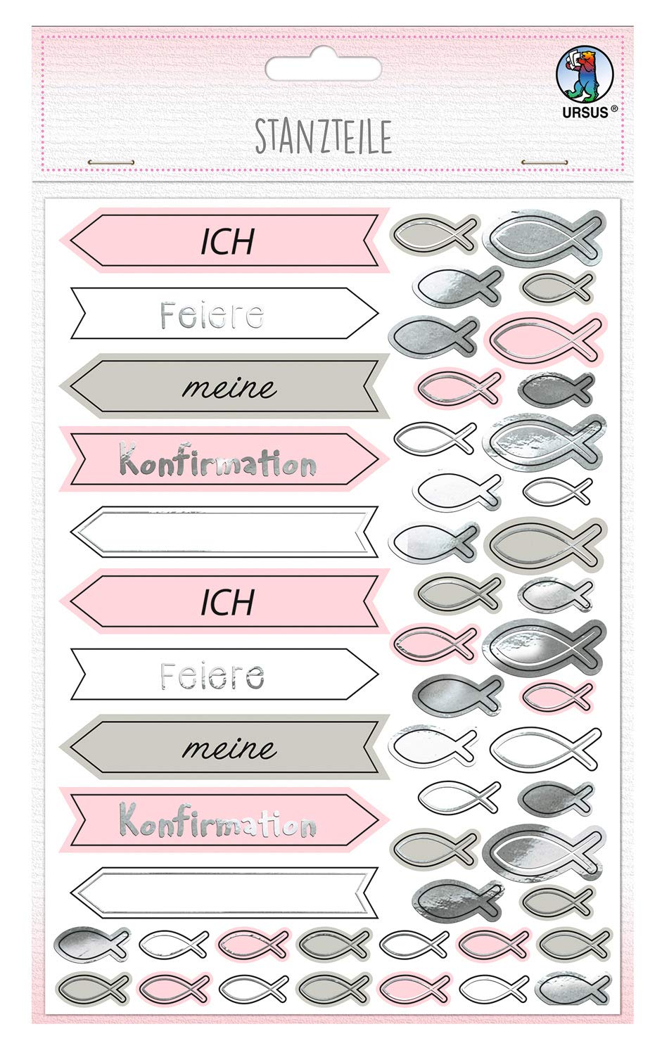 Ursus 56919203F - Stamping Pieces, Ich feiere meine Confirmation, Mint/Taupe, 312 Die Cutting Pieces, Printed on One Side, Partially Foil-Finished, with 200 Adhesive Pads, Ideal for Decorating Invitation Cards