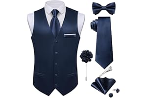 DiBanGu Mens Satin Suit Vest and Tie Set 8PCS Solid Waistcoat and Bowtie with Lapel Pin for Tuxedo Dress Vest Wedding Formal