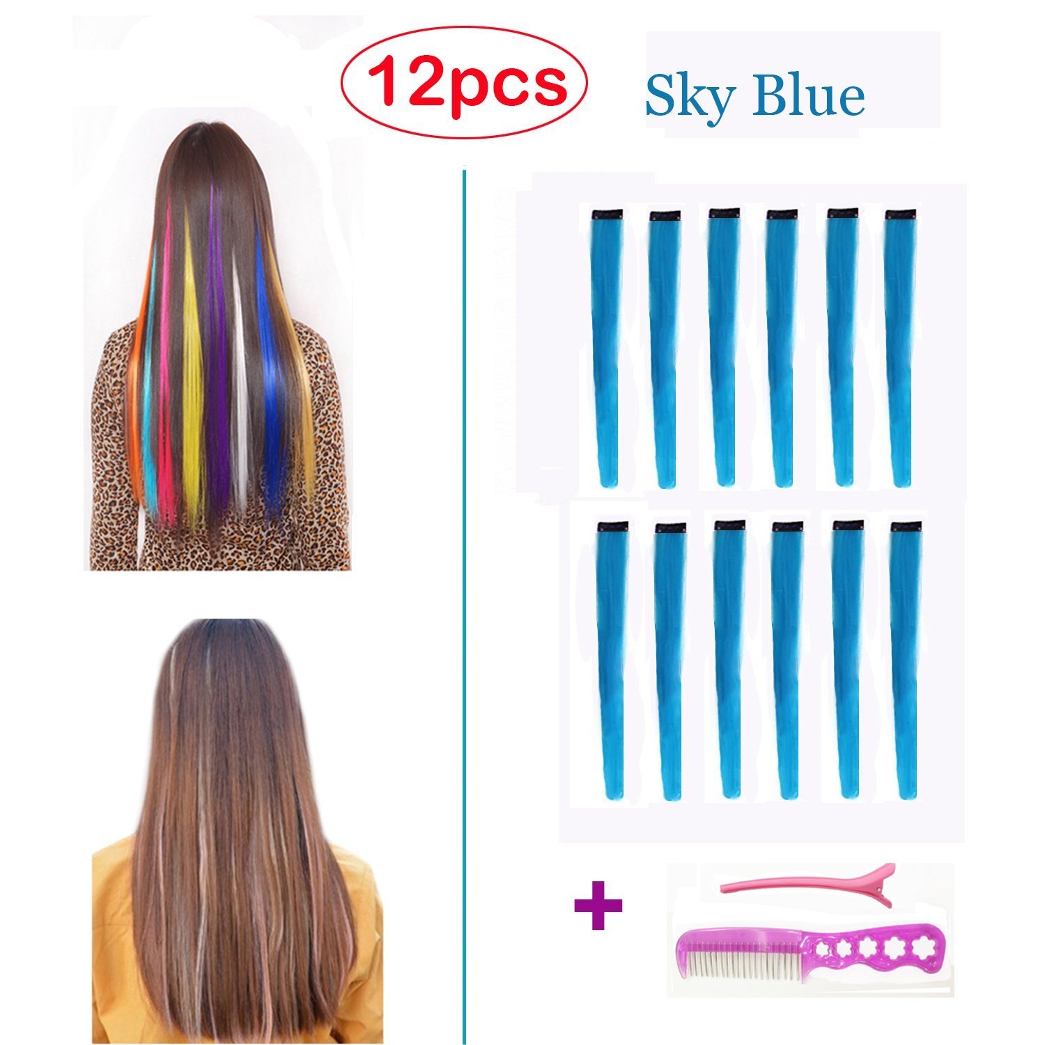 12pcs Sky Blue Hawkko 12pcs Straight Colored Clip In Hair