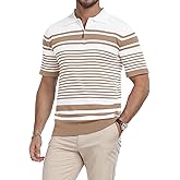 KUYIGO Men's Knit Collared Polo Shirts Short Sleeve Zipper Striped Tops Classic Fit Casual Soft T-Shirt