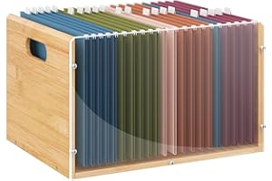 Sbanmao Letter/Legal Bamboo Acrylic File Box Organizer, Hanging File Folder Storage Boxes, Decorative Document Crate Transparent Filing Bin with Handle for Home Office Desk