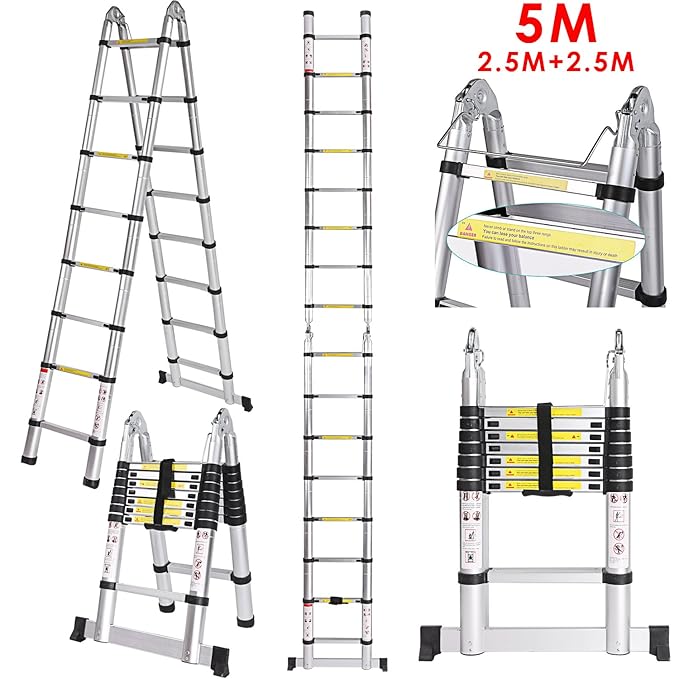 5 M Teleskopleiter Auszeihleiter aus Hochwertigem Aluminium Leiter Aluleiter Mehrzweckleiter Teleskop Design bis 150 Kg Belas